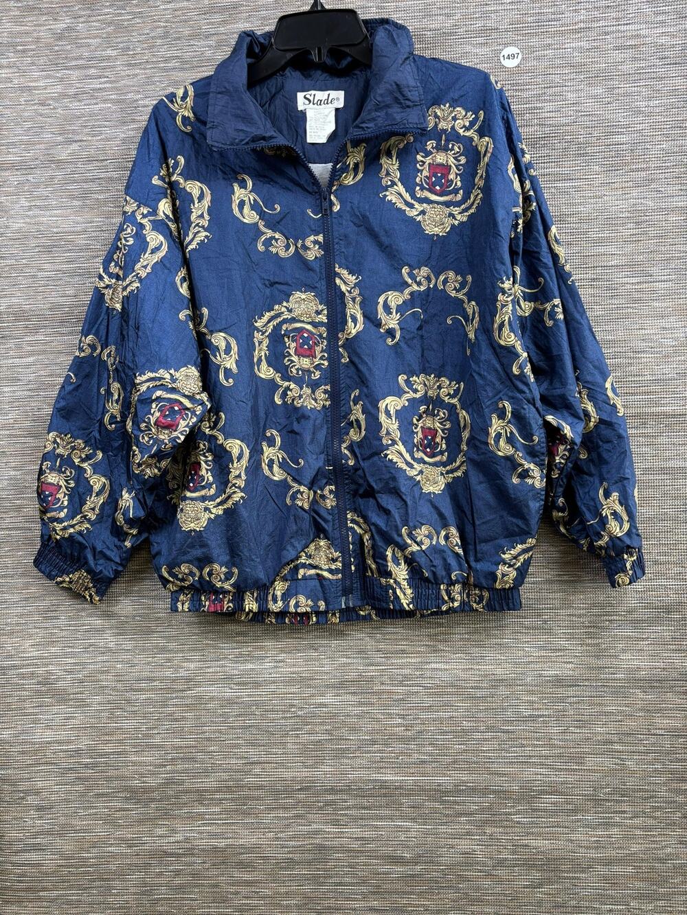 Slade Jacket Womens Size L Blue Baroque Floral Windbreaker Full Zip Pockets